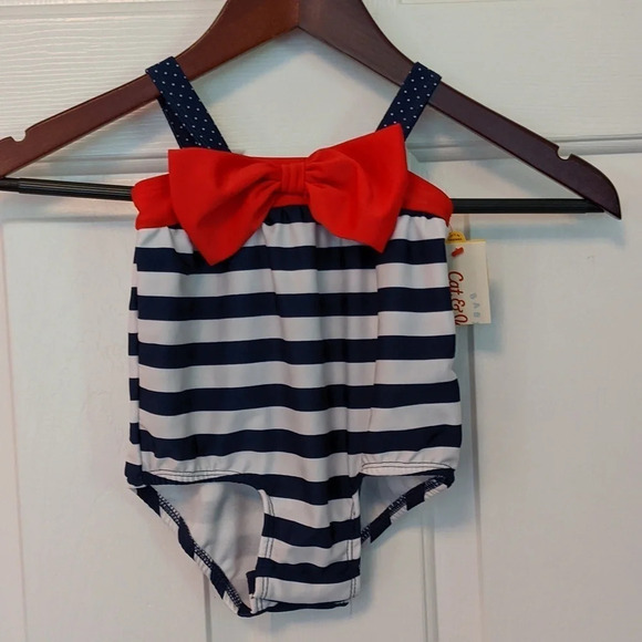 Infant Cat & Jack Red White Blue swimsuit snap 6/9 Americana stripes bow - Picture 1 of 7